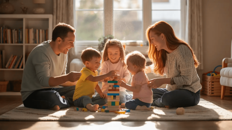 Familia unida compartiendo un momento tranquilo en casa, simbolizando amor, equilibrio y fortaleza emocional.