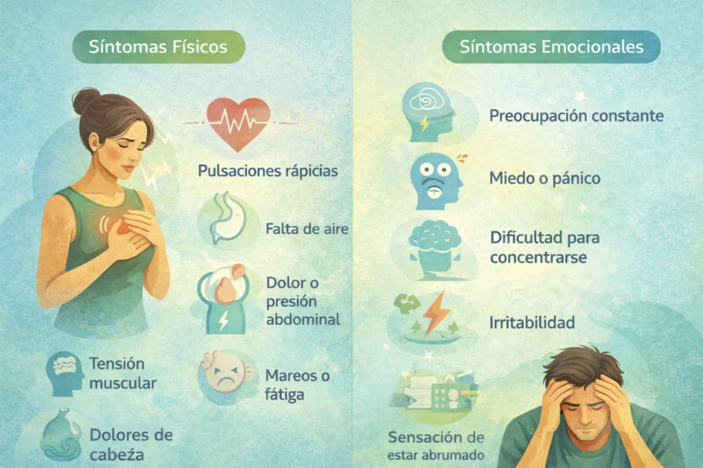 infografía con síntomas físicos como palpitaciones y tensión muscular y síntomas emocionales como preocupación constante e irritabilidad